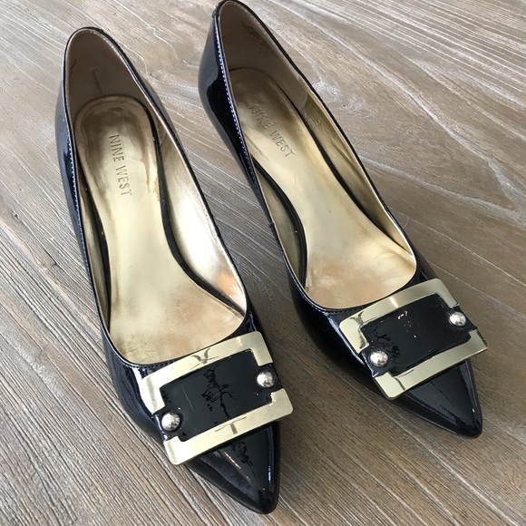 Nine West Shoes - Nine West Black Patent Leather Buckle Pump Heels